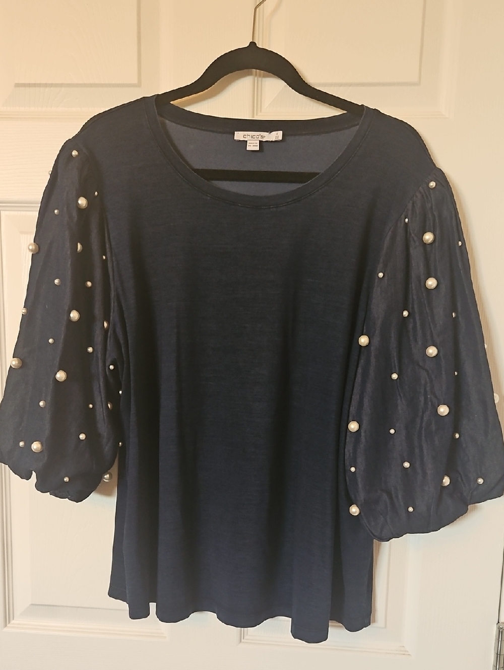 Chico's Navy Pearl-Accent Puff Sleeve Tee